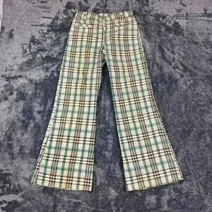 Vtg Authentic 70s Plaid Green Brown Bell Bottom Pants Size 26X28 Single Stitch
